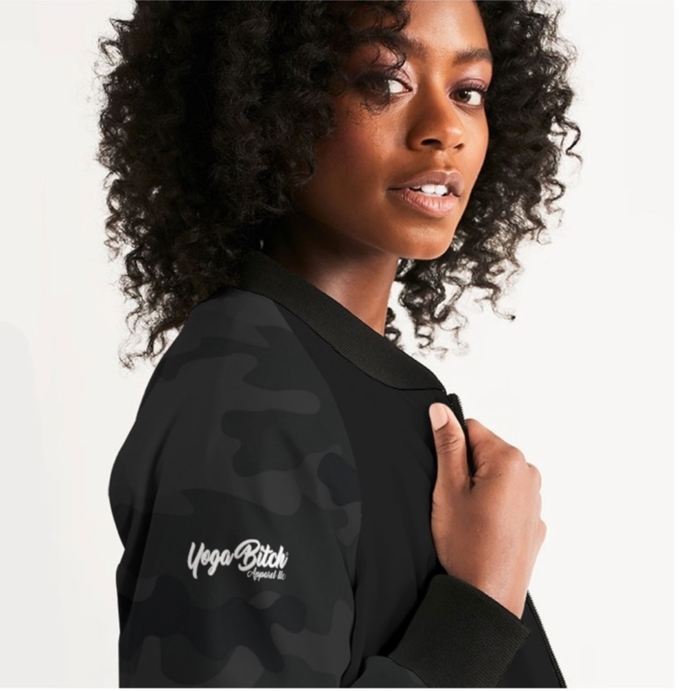 🖤HP🎉 Black Camo Bomber Jacket Yoga Bitch NWT